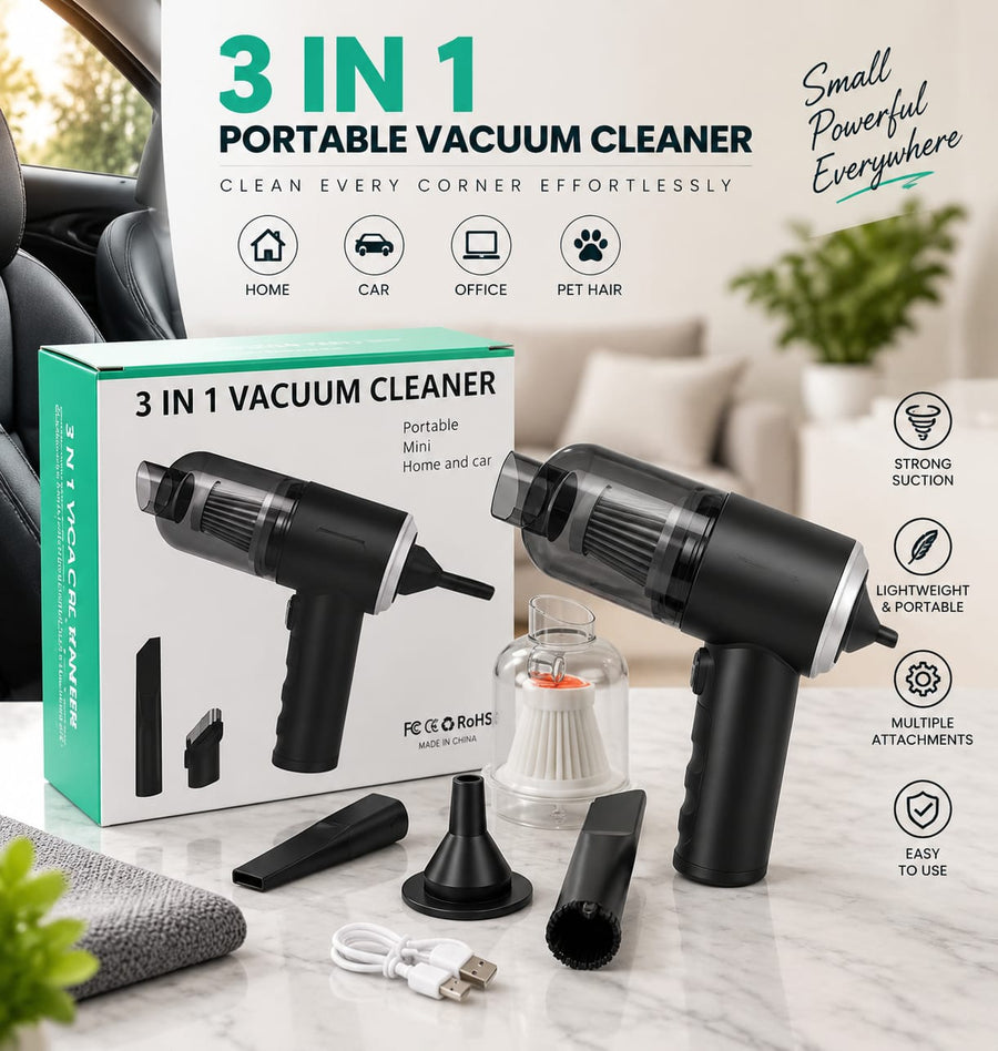 Portable 3-in-1 Vacuum Cleaner for Car, Home & Office | Strong Suction Mini Cleaner
