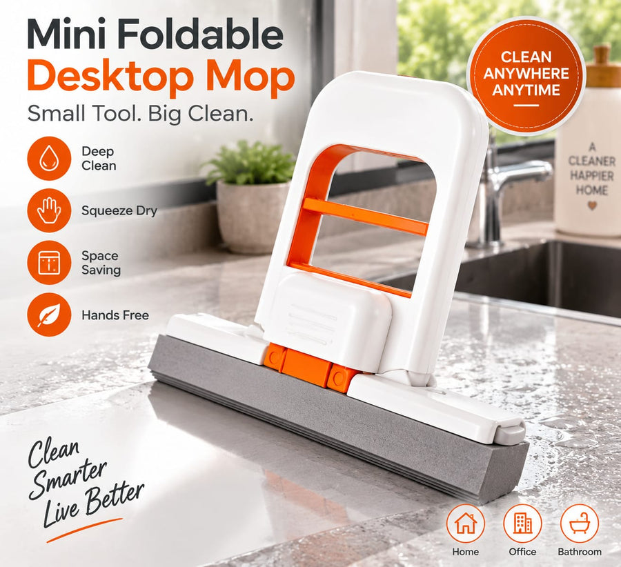 Mini Foldable Desktop Mop | Self-Squeeze Sponge Mop for Kitchen, Bathroom & Glass Cleaning
